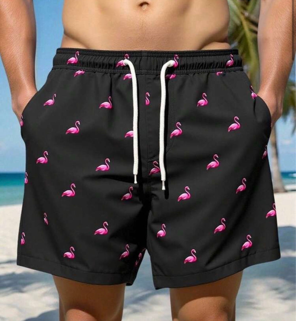Flamingo print swim trunks
